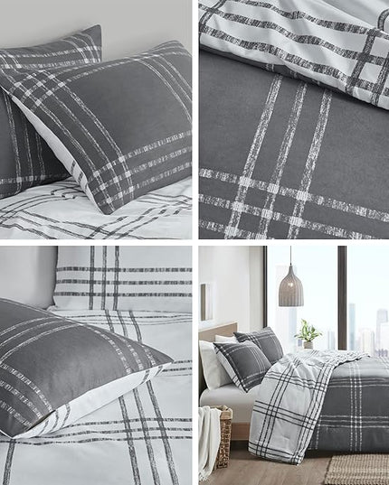 Intelligent Design Pike Reversible Comforter Set, Cottage Plaid Print, Modern Cabin Lifestyle, Down Alternative, All Season Bedding with Matching Sham, King/Cal King White/Grey 3 Piece - LeafyLoom