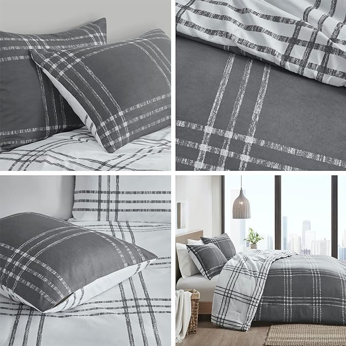 Intelligent Design Pike Reversible Comforter Set, Cottage Plaid Print, Modern Cabin Lifestyle, Down Alternative, All Season Bedding with Matching Sham, King/Cal King White/Grey 3 Piece - LeafyLoom