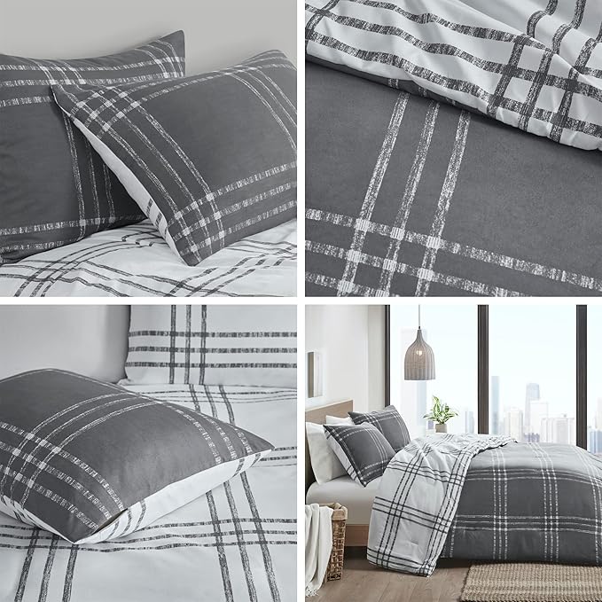 Intelligent Design Pike Reversible Comforter Set, Cottage Plaid Print, Modern Cabin Lifestyle, Down Alternative, All Season Bedding with Matching Sham, Twin/Twin XL White/Grey 2 Piece - LeafyLoom