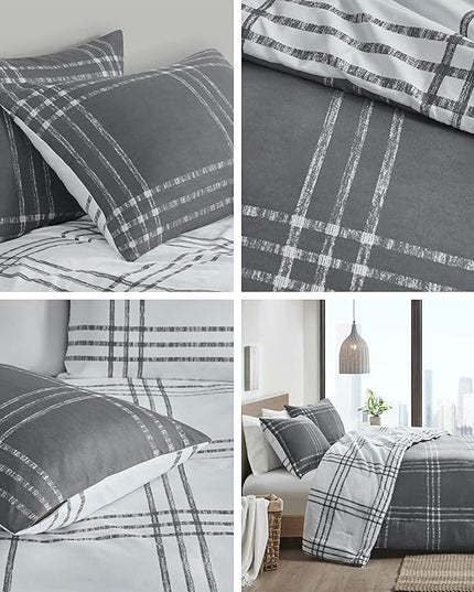 Intelligent Design Pike Reversible Comforter Set, Cottage Plaid Print, Modern Cabin Lifestyle, Down Alternative, All Season Bedding with Matching Sham, Full/Queen White/Grey 3 Piece - LeafyLoom