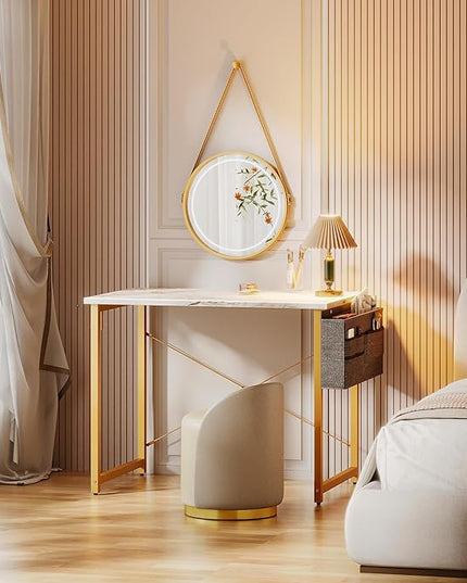 ODK Laptop Desk Study Desk, 32 Inch Small Desk, Writing Desk with Storage, Work Table with Headphone Hook for Small Space Home Office, White Marble + Gold Leg - LeafyLoom
