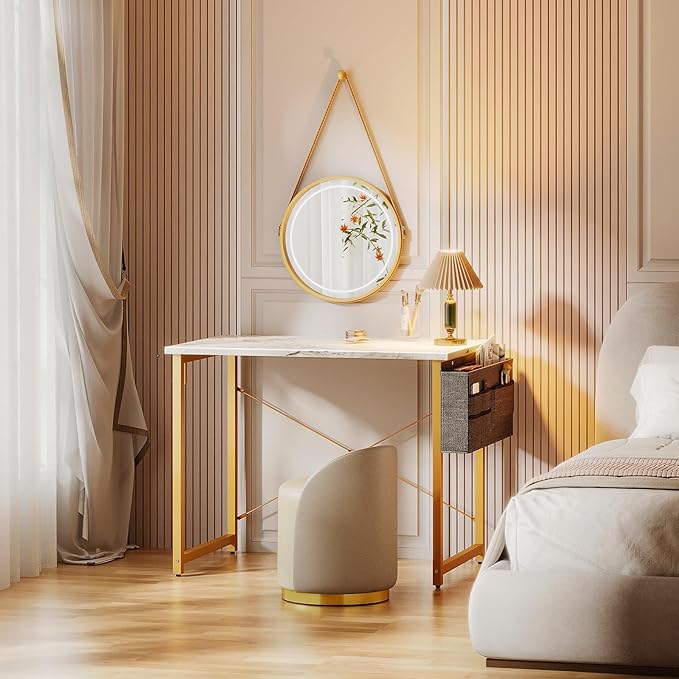 ODK Laptop Desk Study Desk, 32 Inch Small Desk, Writing Desk with Storage, Work Table with Headphone Hook for Small Space Home Office, White Marble + Gold Leg - LeafyLoom