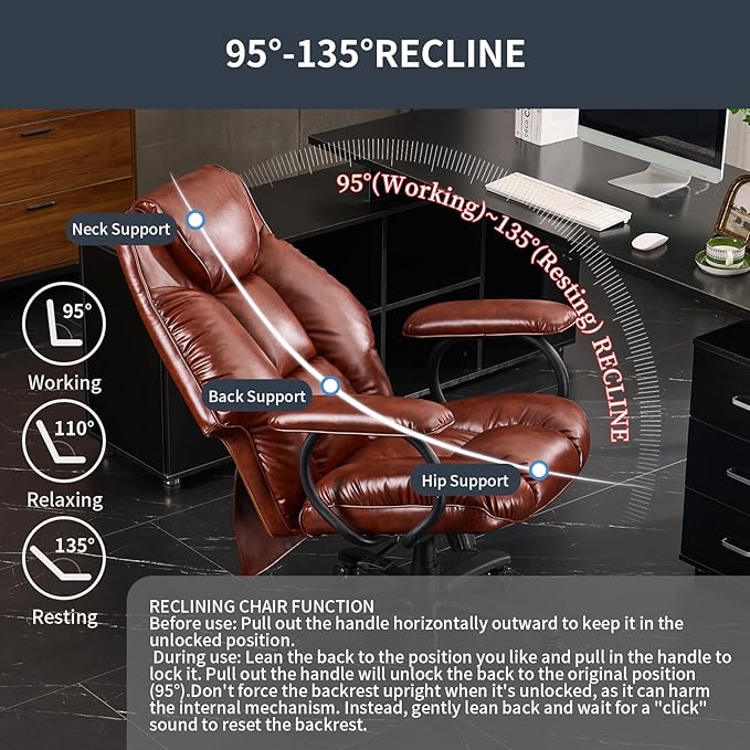 Office Chair Big and Tall, High Back Home Office Chair 400 lbs, Executive Desk Chair, Ergonomic Office Chair with Padded Armrest, Swivel Computer Chair PU Leather (Brown) - LeafyLoom