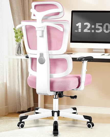Primy Office Chair Ergonomic Desk Chair, High Back Computer Gaming Chair, Comfy Big and Tall Home Office Chair with Lumbar Support, Breathable Mesh Reclining Chair Adjustable Armrests Headrest(Pink) - LeafyLoom