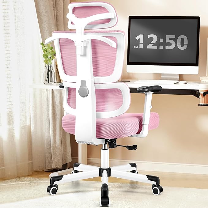 Primy Office Chair Ergonomic Desk Chair, High Back Computer Gaming Chair, Comfy Big and Tall Home Office Chair with Lumbar Support, Breathable Mesh Reclining Chair Adjustable Armrests Headrest(Pink) - LeafyLoom