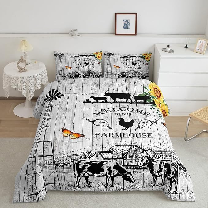 Erosebridal Windmill Bedding King Size, Rustic Farmhouse Comforter Set Retro Vintage Windmill Bedding Comforter Sets, Wooden Planks Barn Door Down Comforter with 2 Pillowcases for All Season - LeafyLoom