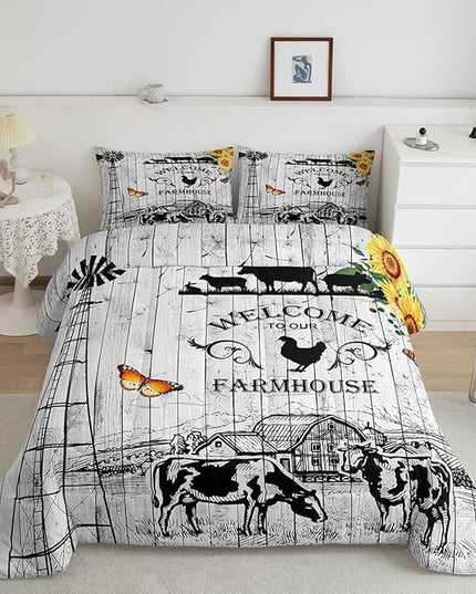 Rustic Windmill Bedding Comforter Sets Cowboys Farmhouse Comforter Set Twin Size, Western Farm Barn Door Bedding for Girls Boys Teens Sunflower Floral Western Cow Theme Quilt with 1 Pillowcase, Twin - LeafyLoom