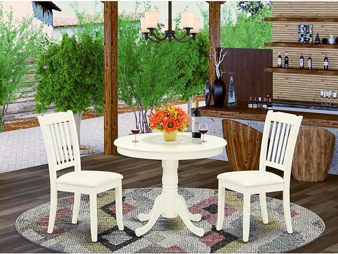 East West Furniture Antique 3 Piece Kitchen Set Contains a Round Room Table with Pedestal and 2 Fabric Upholstered Dining Chairs, 36x36 Inch, Linen White - LeafyLoom
