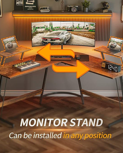 Cubiker L Shaped Desk, Computer Corner Desk, Gaming Desk with Monitor Stand, Home Office Study Writing Workstation, Space-Saving, Rustic Brown - LeafyLoom