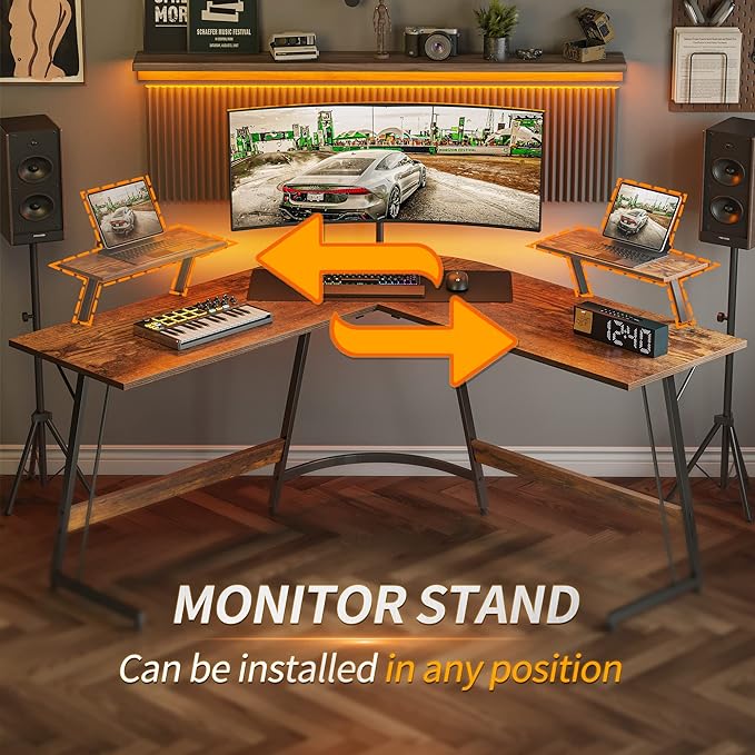 Cubiker L Shaped Desk, Computer Corner Desk, Gaming Desk with Monitor Stand, Home Office Study Writing Workstation, Space-Saving, Rustic Brown - LeafyLoom