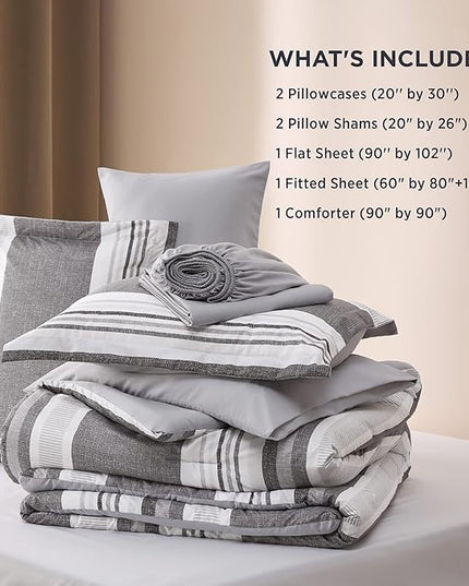 Bedsure Queen Comforter Set - 7 Pieces Grey White Striped Bedding Sets Queen Bed in a Bag with Comforters Queen Size, Sheets, Pillowcases & Shams, Bed Sets - LeafyLoom