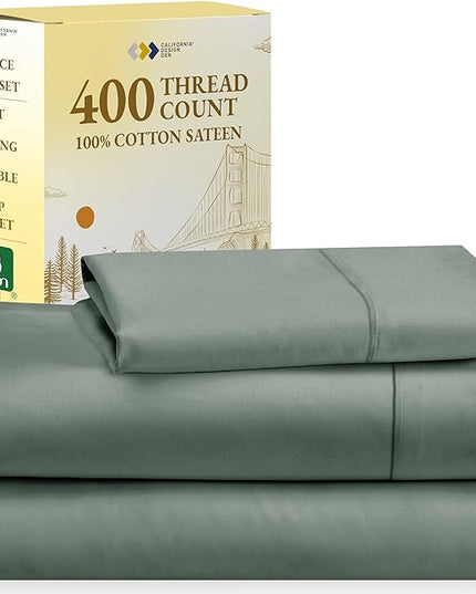 California Design Den Softest 100% Cotton Sheets, Twin Sheets Set, 3 Pc, 400 Thread Count Sateen, Dorm Rooms & Adults, Deep Pocket Sheets, Cooling Sheets, Twin Bed Sheets(Sage Green) - LeafyLoom