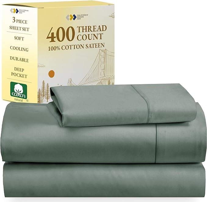 California Design Den Softest 100% Cotton Sheets, Twin Sheets Set, 3 Pc, 400 Thread Count Sateen, Dorm Rooms & Adults, Deep Pocket Sheets, Cooling Sheets, Twin Bed Sheets(Sage Green) - LeafyLoom