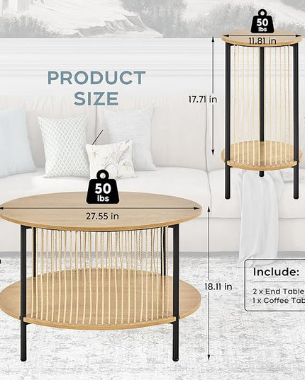 Yechen 3-Piece Boho Coffee Table Set with Hand-Woven Natural Rope, 2 Tier Wooden Round Coffee Table and End Table Sets with Metal Frame, Side Table with Storage for Living Room, Bedroom - LeafyLoom