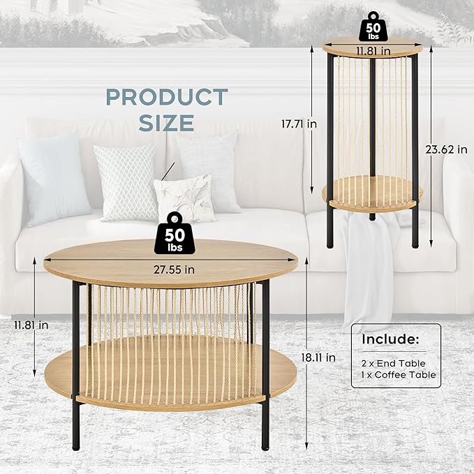 Yechen 3-Piece Boho Coffee Table Set with Hand-Woven Natural Rope, 2 Tier Wooden Round Coffee Table and End Table Sets with Metal Frame, Side Table with Storage for Living Room, Bedroom - LeafyLoom
