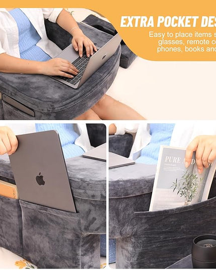 Reading Pillow & Gaming Pillow for Lap, Lap Desk Pillow for Gaming with Coaster, Soft Arm Rest Pillow for Adult, Memory Foam Bed Rest Pillows for Reading, Working, Sitting in Bed Floor Sofa, Grey - LeafyLoom