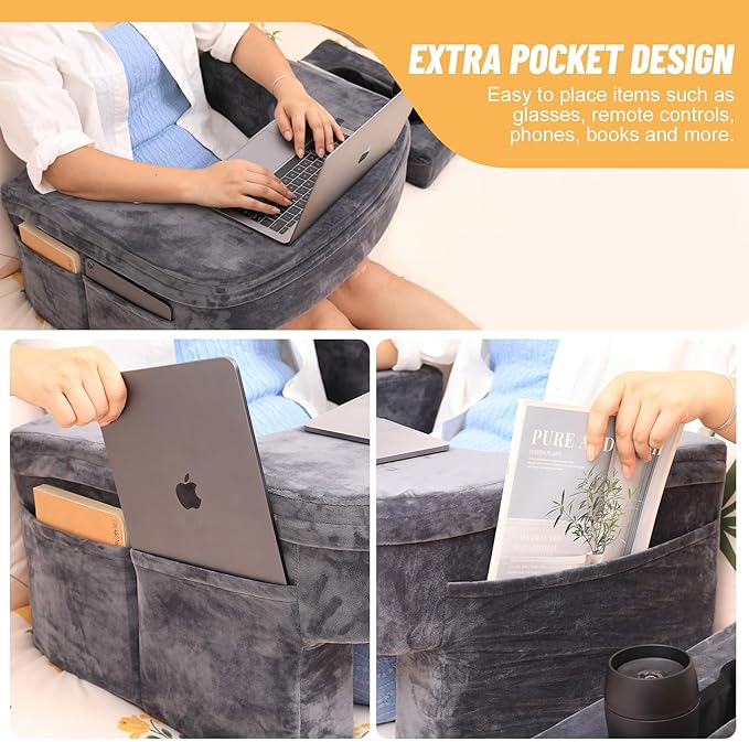 Reading Pillow & Gaming Pillow for Lap, Lap Desk Pillow for Gaming with Coaster, Soft Arm Rest Pillow for Adult, Memory Foam Bed Rest Pillows for Reading, Working, Sitting in Bed Floor Sofa, Grey - LeafyLoom