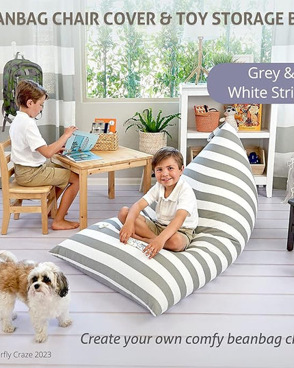Butterfly Craze Bean Bag Chair Cover, Functional Toddler Toy Organizer, Fill with Stuffed Animals to Create a Jumbo, Comfy Floor Lounger for Boys or Girls, Stuffing Not Included, Grey Stripe - LeafyLoom