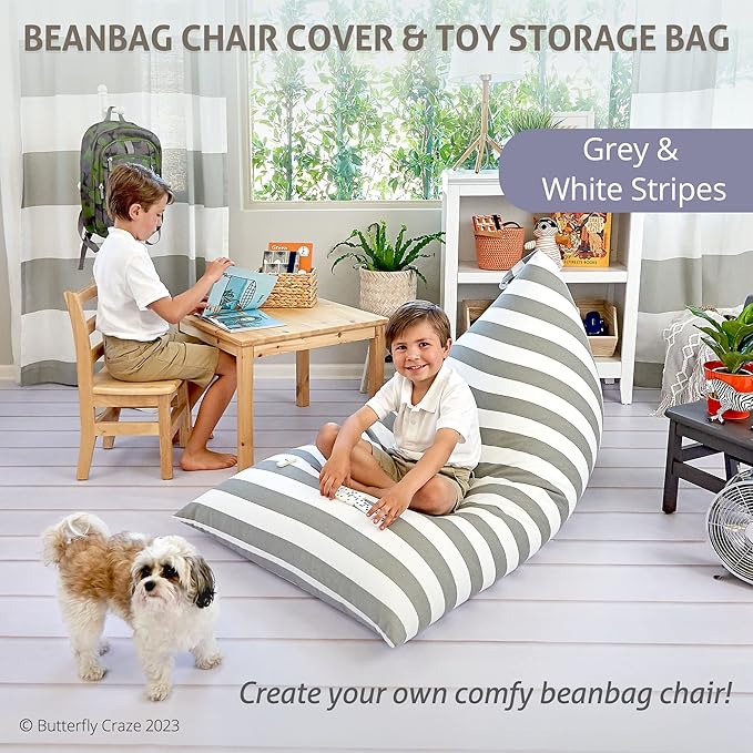 Butterfly Craze Bean Bag Chair Cover, Functional Toddler Toy Organizer, Fill with Stuffed Animals to Create a Jumbo, Comfy Floor Lounger for Boys or Girls, Stuffing Not Included, Grey Stripe - LeafyLoom