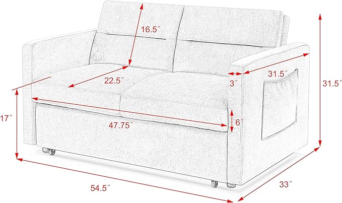 3 in 1 Sleeper Sofa Bed,Contemporary Minimalist Style 2 Seater Loveseat Convertible Sofa&Couch with Pull Out Sofabed and Side Storage Pockets for Home,Office,Apartment,RV Living Room Furniture - LeafyLoom