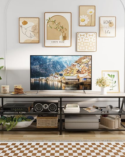 TV Stand Long 70" Entertainment Center 3-Tier TV Console Steel Frame Industrial Style TV Cabinet with Metal Frame for Living Room, Gray - LeafyLoom