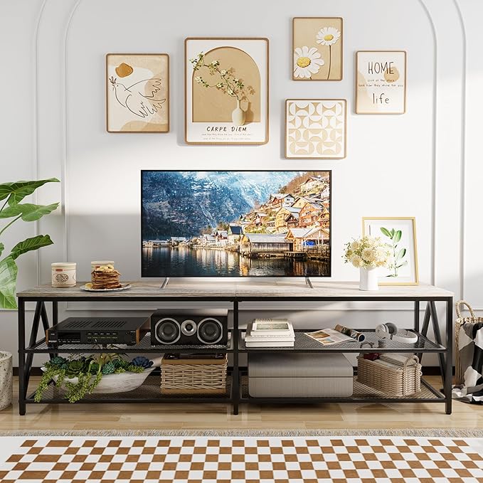 TV Stand Long 70" Entertainment Center 3-Tier TV Console Steel Frame Industrial Style TV Cabinet with Metal Frame for Living Room, Gray - LeafyLoom