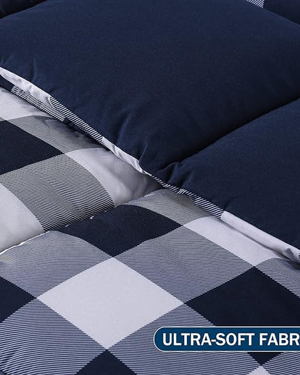 downluxe Lightweight Plaid Comforter Set (Queen) with 2 Pillow Shams - 3-Piece Set - Blue/White Plaid - Down Alternative Reversible Comforter - LeafyLoom