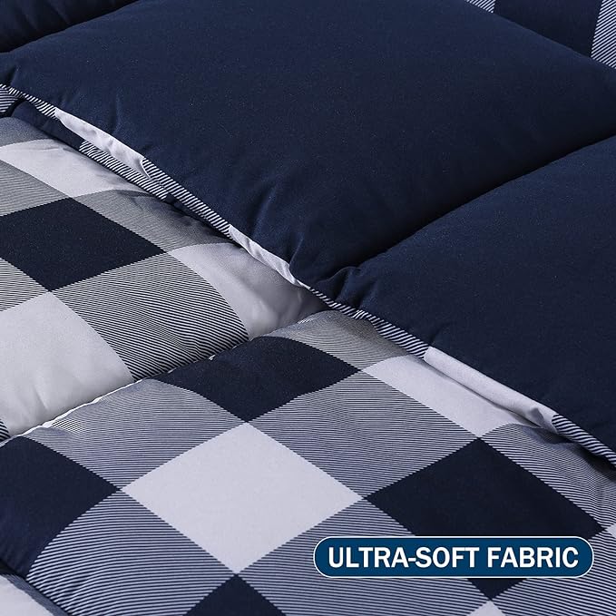 downluxe Lightweight Plaid Comforter Set (King) with 2 Pillow Shams - 3-Piece Set - Blue/White Plaid - Down Alternative Reversible Comforter - LeafyLoom