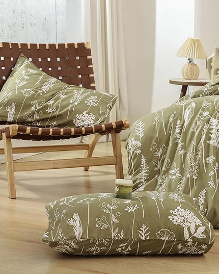 JANZAA California King Comforter Set Olive Green Comforter 3 PCS Bedding Sets Floral Comforter Set Plant Flowers Printed on Green Comforter Set with 2 Pillow Cases for All Season - LeafyLoom