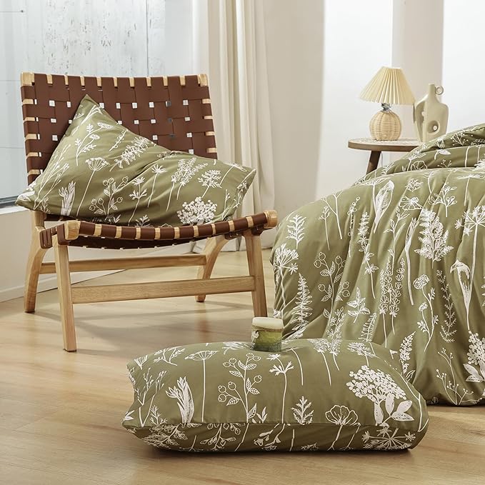 JANZAA California King Comforter Set Olive Green Comforter 3 PCS Bedding Sets Floral Comforter Set Plant Flowers Printed on Green Comforter Set with 2 Pillow Cases for All Season - LeafyLoom