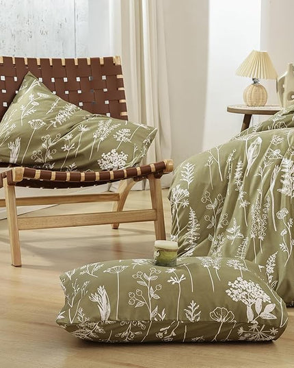 JANZAA 3PCS King Comforter Olive Green Comforter Floral Comforter Set White Flower Printed Bedding Set with 2 Pillow Cases for All Season Using - LeafyLoom