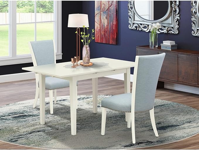 East West Furniture Norfolk 3 Piece Set Contains a Rectangle Dining Room Table with Butterfly Leaf and 2 Baby Blue Linen Fabric Upholstered Chairs, 32x54 Inch, NFVE3-LWH-15 - LeafyLoom