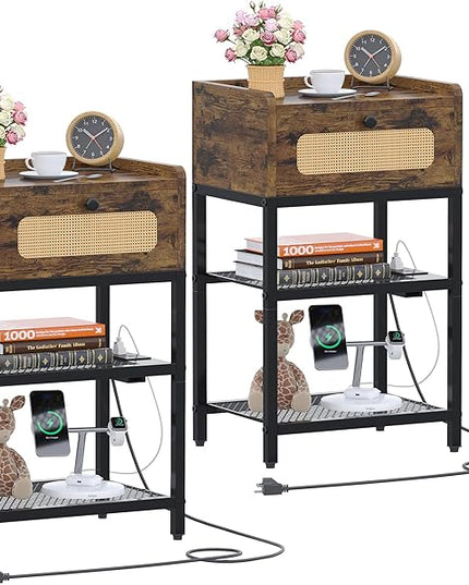 Night Stand set 2, Side Table with Rattan Drawer, Nightstand with Charging Station, Industrial Bedside Table with 3-Tier Storage, Rustic Brown JET003CSR2 - LeafyLoom