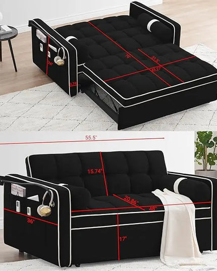 Multi-Functional Convertible Sleeper Sofa Pull Out Bed with Phone Stand and Side Pockets, 3 in 1 Futon Loveseat Couch Pullout Sofabed w/Reclining Backrest and Pillows for Living Room Office RV - LeafyLoom