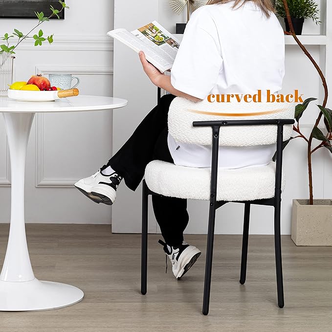 DYHOME Dining Chairs Set of 4, White Modern Upholstered Kitchen Dining Room Chairs, Boucle Dining Chairs Curved Backrest, Mid Century Kitchen Chairs with Black Metal Legs - LeafyLoom