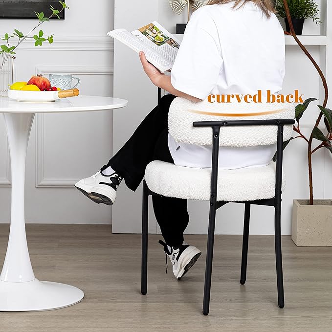 DYHOME Dining Chairs Set of 6, White Boucle Dining Chairs for Kitchen, Dining Room Chairs Curved Backrest Upholstered Mid Century Modern Dining Chairs with Black Metal Legs - LeafyLoom