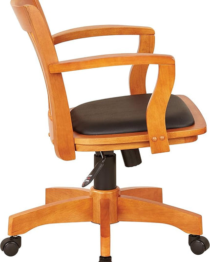 OSP Home Furnishings Deluxe Wood Banker's Desk Chair with Padded Seat, Adjustable Height and Locking Tilt, Fruitwood Finish and Black Vinyl - LeafyLoom