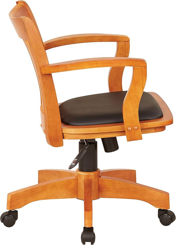 OSP Home Furnishings Deluxe Wood Banker's Desk Chair with Padded Seat, Adjustable Height and Locking Tilt, Fruitwood Finish and Black Vinyl - LeafyLoom