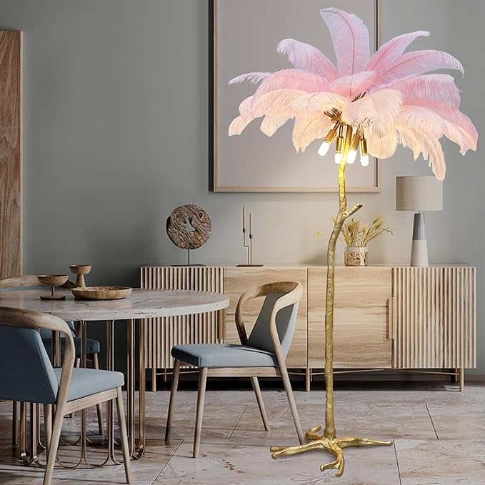 Romantic Feather Floor Lamp Modern Luxury Resin Ostrich Feather LED Lamp Living Room Bedroom Corner Decoration Floor Lamp Pink - LeafyLoom