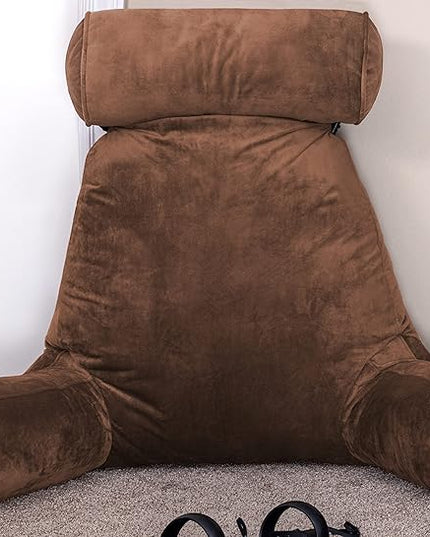 Husband Pillow XXL Chocolate Backrest with Arms - Adult Reading Pillow Shredded Memory Foam, Ultra-Comfy Removable Microplush Cover & Detachable Neck Roll, Unmatched Support Bed Rest Sit Up Pillow - LeafyLoom