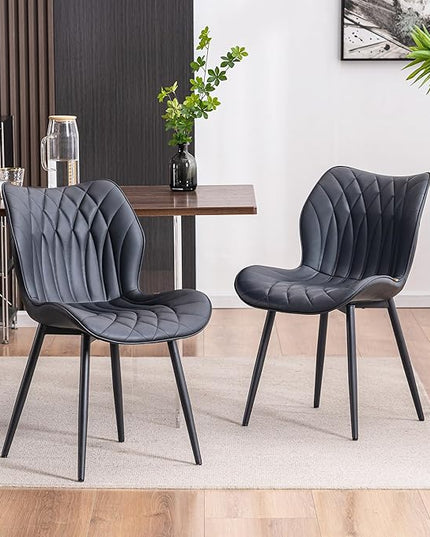 YOUNIKE Dining Chairs Set of 2, Upholstered Faux Leather Kitchen & Dining Room Chairs, Modern Living Room Bedroom Side Chairs with Wide Wing Back and Adjustable Metal Legs, Black - LeafyLoom