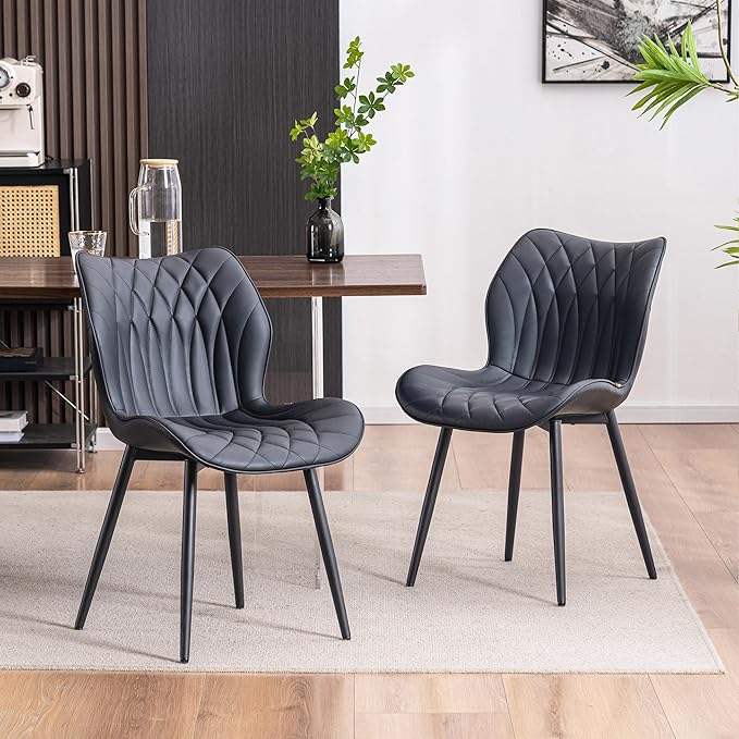 YOUNIKE Dining Chairs Set of 2, Upholstered Faux Leather Kitchen & Dining Room Chairs, Modern Living Room Bedroom Side Chairs with Wide Wing Back and Adjustable Metal Legs, Black - LeafyLoom