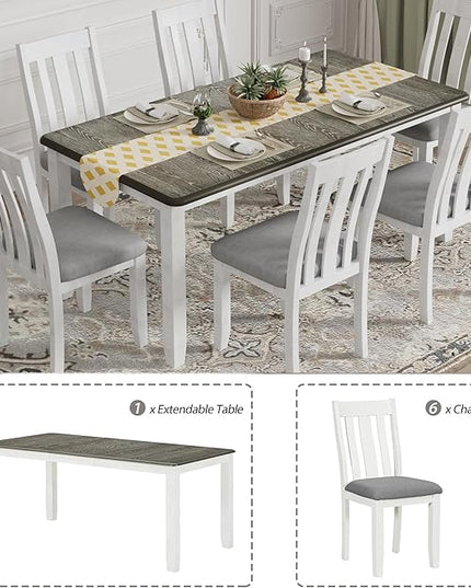 Dining Table Set for 6, 7-Piece Dining Table Set with Extendable Table and 6 Upholstered Chairs, Kitchen Table Set with Backrest for Dining Room, Living Room, Antique Brown+White - LeafyLoom