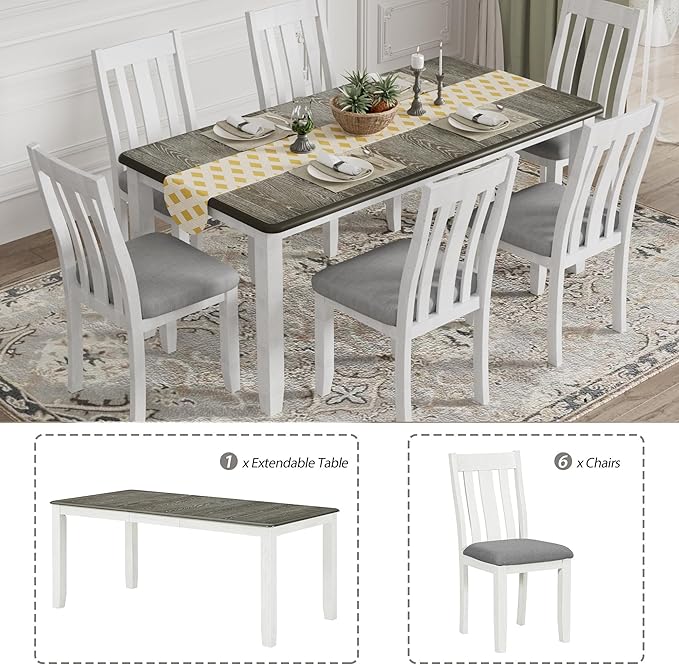 Dining Table Set for 6, 7-Piece Dining Table Set with Extendable Table and 6 Upholstered Chairs, Kitchen Table Set with Backrest for Dining Room, Living Room, Antique Brown+White - LeafyLoom