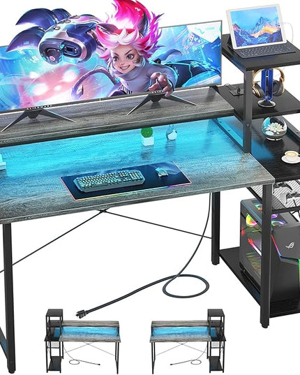 47.2'' Gaming Desk with LED and storage Shelves, 47 Computer Desk with Long Monitor Stand, Small Desk for Small Space, Simple Study Student Writing Desk, Laptop Table for Home Office, Grey - LeafyLoom