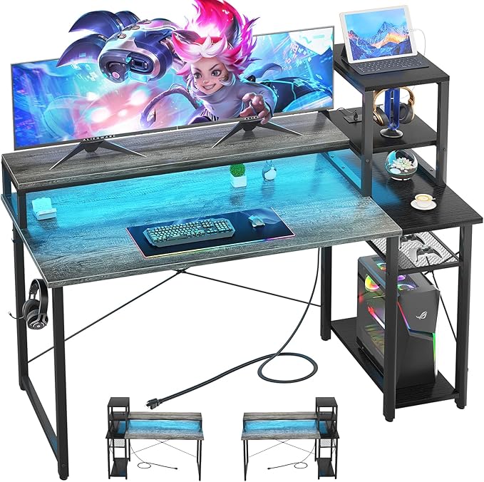 47.2'' Gaming Desk with LED and storage Shelves, 47 Computer Desk with Long Monitor Stand, Small Desk for Small Space, Simple Study Student Writing Desk, Laptop Table for Home Office, Grey - LeafyLoom