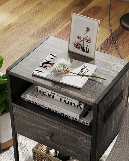 LDTTCUK Nightstand with Charging Station, Modern End Table with Drawer, Bedside Table with Open Storage for Bedroom, Retro Grey - LeafyLoom