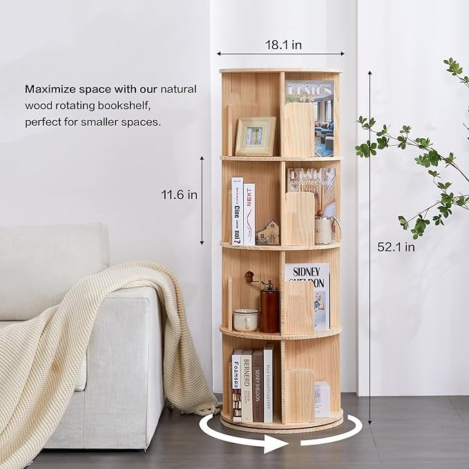 4 Tier Rotating Bookshelf 360 Display, Spinning Bookshelf Tower for Kids, Side Table, Floor Standing Bookcase Dtorage Rack, Circular Bookshelf Rotating for Living Room Study Room Office - LeafyLoom