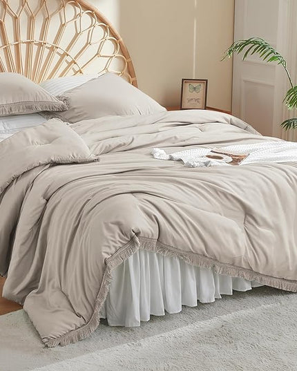 Litanika Linen Grey Cal King Size Comforter Set, Boho Tassel Comforter Aesthetic 3 Pieces, Lightweight Fringe Microfiber Bedding Set for All Season(1 Comforter 104x96 inch, 2 Pillowcases) - LeafyLoom