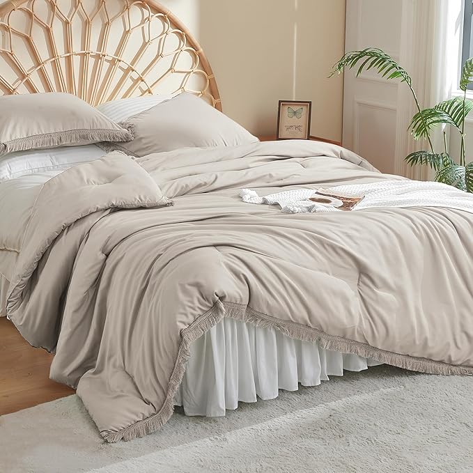 Litanika Linen Grey Cal King Size Comforter Set, Boho Tassel Comforter Aesthetic 3 Pieces, Lightweight Fringe Microfiber Bedding Set for All Season(1 Comforter 104x96 inch, 2 Pillowcases) - LeafyLoom